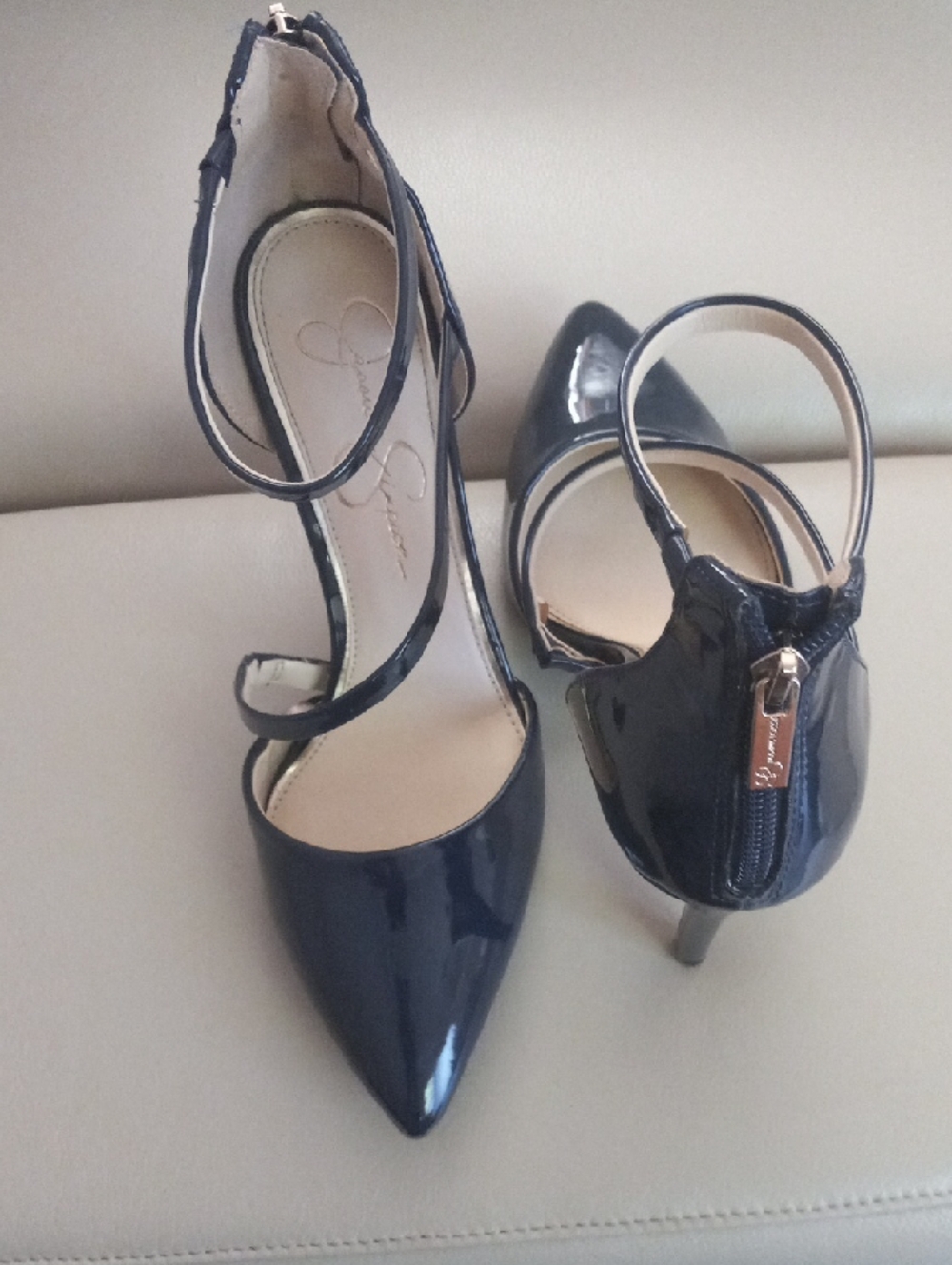 Jessica Simpson Navy Patent Pointed-Toe Ankle-Strap Heels - Picture 5 of 17